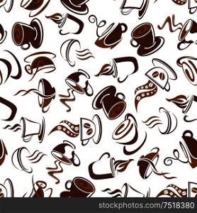 Espresso coffee beverages pattern with brown seamless background of demitasse cups with fresh brewed coffee, decorated by roasted beans and swirls of whipped cream. Cafe menu design. Espresso coffee beverages brown seamless pattern