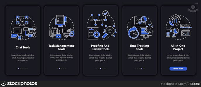 Essential business tools night mode onboarding mobile app screen. Walkthrough 5 steps graphic instructions pages with linear concepts. UI, UX, GUI template. Myriad Pro-Bold, Regular fonts used. Essential business tools night mode onboarding mobile app screen