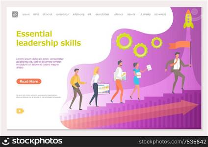 Essential leadership skills, leader with workers vector. Boss leading people, rocket symbolizing startup and innovative ideas of company director. Essential Leadership Skills, Leader with Workers