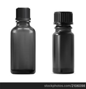 Essential oil bottle. Small black glass cosmetic oil bottle, isolated on white. Aroma liquid vial realistic blank, homeopatic syrup. Organic treatment flask template. Small apothecary jar. Essential oil bottle. Small black glass cosmetic oil