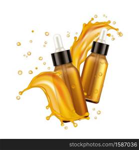 Essential oil bottles. Realistic cosmetic backaging, vector oil splashes and droplets isolated on white background. Illustration bottle oil, realistic product natural cosmetic. Essential oil bottles. Realistic cosmetic backaging, vector oil splashes and droplets isolated on white background
