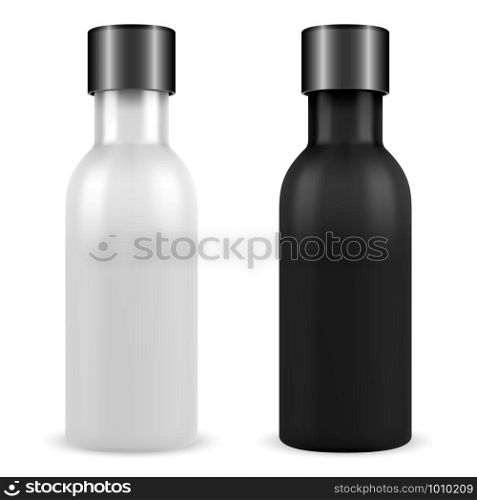 Essential oil cosmetic bottle black, white set. Isolated round vial vector mockup. Realistic plastic medical template. Smal black pharmacy container. Treatment mock up. Essential oil cosmetic bottle black, white set. 3d