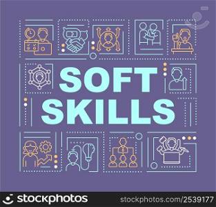 Essential soft skills word concepts dark purple banner. Solving problems. Infographics with icons on color background. Isolated typography. Vector illustration with text. Arial-Black font used. Essential soft skills word concepts dark purple banner