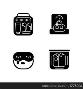 Essential things for travelling black glyph icons set on white space. Portable handbang. Clothing packing. Mini size objects for tourist comfort. Silhouette symbols. Vector isolated illustration. Essential things for travelling black glyph icons set on white space