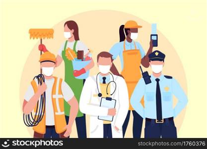 Essentials workers flat concept vector illustration. Courier, doctor in medical face mask. Frontliners 2D cartoon characters for web design. Key staff during coronavirus pandemic creative idea. Essentials workers flat concept vector illustration