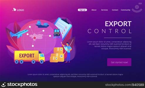 Established international trade routes. Selling goods overseas. Export control, export controlled materials, export licensing services concept. Website homepage landing web page template.. Export control concept landing page