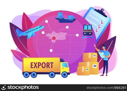 Established international trade routes. Selling goods overseas. Export control, export controlled materials, export licensing services concept. Bright vibrant violet vector isolated illustration. Export control concept vector illustration