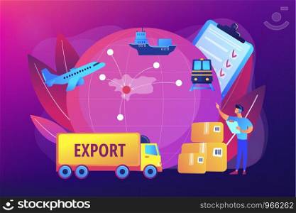 Established international trade routes. Selling goods overseas. Export control, export controlled materials, export licensing services concept. Bright vibrant violet vector isolated illustration. Export control concept vector illustration