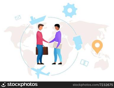 Established payments flat vector illustration. Inernational trade. Export, import. Cooperation, partnership. Logistics. World map. Indonesian business. Isolated cartoon concept on white background. Established payments flat vector illustration