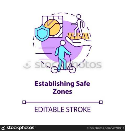 Establishing safe zones concept icon. Scooter sharing regulation abstract idea thin line illustration. Pedestrians safety on sidewalks. Vector isolated outline color drawing. Editable stroke. Establishing safe zones concept icon
