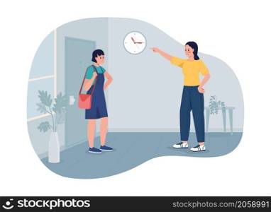 Establishing teenager curfew 2D vector isolated illustration. Annoyed mother scolding girl for getting home late flat characters on cartoon background. Excessive parental control colourful scene. Establishing teenager curfew 2D vector isolated illustration