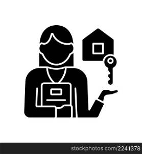 Estate agent black glyph icon. Real estate broker. Housing assistance and help. Property sale and purchasing. Silhouette symbol on white space. Solid pictogram. Vector isolated illustration. Estate agent black glyph icon