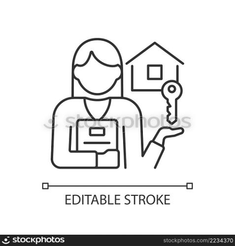 Estate agent linear icon. Real estate broker. Housing assistance and help. Property sale. Thin line illustration. Contour symbol. Vector outline drawing. Editable stroke. Arial font used. Estate agent linear icon