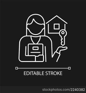 Estate agent white linear icon for dark theme. Real estate broker. Housing assistance and help. Property sale. Thin line illustration. Isolated symbol for night mode. Editable stroke. Arial font used. Estate agent white linear icon for dark theme