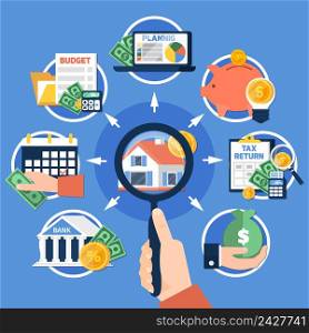 Estate tax composition on blue background with magnifier in hand, house, savings, budget planning, report vector illustration. Estate Tax Composition