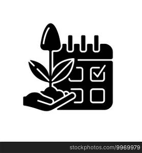 Estimating planting time black glyph icon. Growing season. Plant production. Harvesting. Smart farming. Silhouette symbol on white space. Vector isolated illustration. Estimating planting time black glyph icon