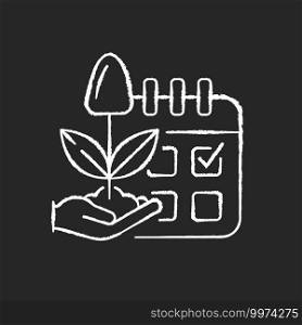 Estimating planting time chalk white icon on black background. Growing season. Plant production. Harvesting. Smart farming. Isolated vector chalkboard illustration. Estimating planting time chalk white icon on black background