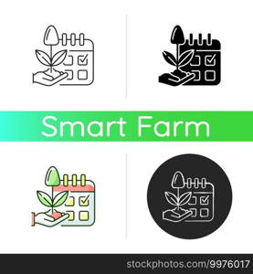 Estimating planting time icon. Growing season. Plant production. Harvesting. Smart farming. Linear black and RGB color styles. Isolated vector illustrations. Estimating planting time icon