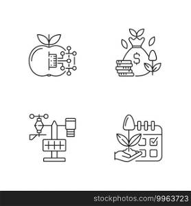 Estimating planting time linear icons set. IOT agriculture. Smart farming. Cost efficiency. Silhouette symbols. Weather station. Vector isolated illustration. Estimating planting time linear icons set