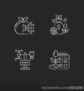 Estimating planting time RGB chalk white icons set on black background. IOT agriculture. Smart farming. Cost efficiency. Silhouette symbols. Weather station. Vector isolated illustration. Estimating planting time RGB chalk white icons set on black background