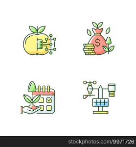 Estimating planting time RGB color icons set. IOT agriculture. Smart farming. Cost efficiency. Silhouette symbols. Weather station. Vector isolated illustration. Estimating planting time RGB color icons set
