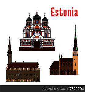 Estonia famous historic architecture. Vector detailed icons of Alexander Nevsky Cathedral, Tallinn Town Hall, Saint Olaf church. Landmarks for souvenir decoration elements. Estonia famous historic architecture icons