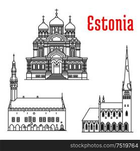 Estonia historic architecture landmarks, sightseeings, famous showplaces. Alexander Nevsky Cathedral, Tallinn Town Hall, St Olaf church. Vector thin line icons of for souvenir decoration elements. Historic landmarks and sightseeings of Estonia