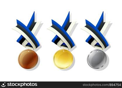 Estonian medals in gold, silver and bronze with national flag. Isolated vector objects over white background