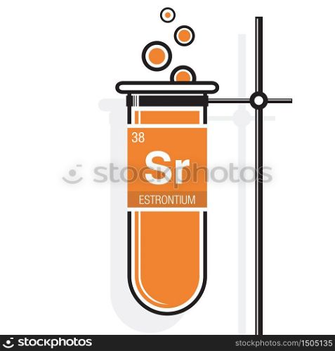 Estrontium symbol on label in a orange test tube with holder. Element number 38 of the Periodic Table of the Elements - Chemistry