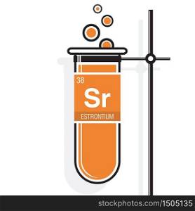 Estrontium symbol on label in a orange test tube with holder. Element number 38 of the Periodic Table of the Elements - Chemistry