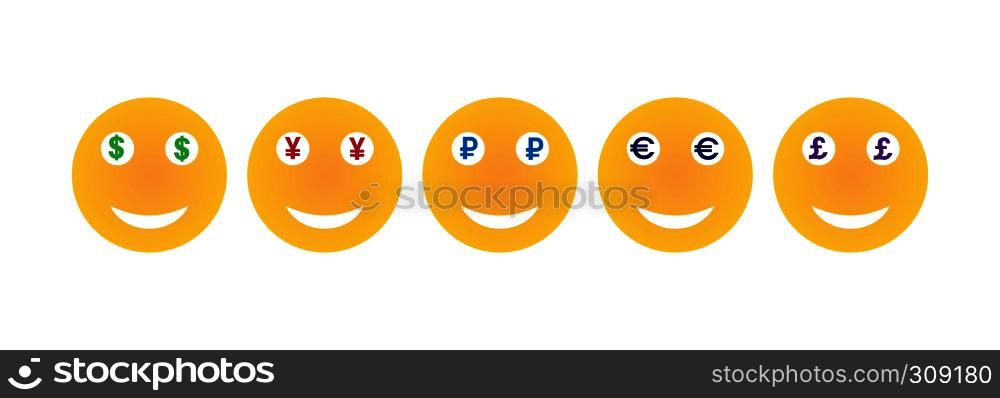 et of cheerful emotions, with the currency symbols in the eyes