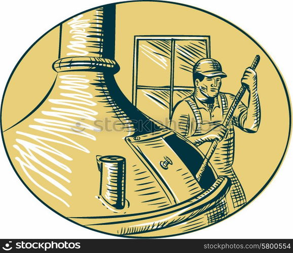 Etching engraving handmade style illustration of a brewmaster brewer stirring the brew in brew kettle at brewery set inside oval.