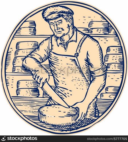 Etching engraving handmade style illustration of a cheesemaker standing holding knife cutting cheddar cheese block set inside circle with cheese blocks in the background. . Cheesemaker Cutting Cheddar Cheese Etching