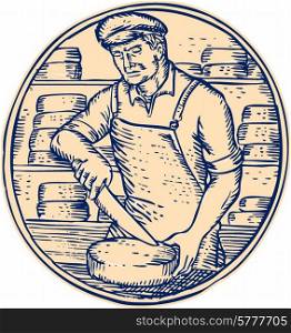 Etching engraving handmade style illustration of a cheesemaker standing holding knife cutting cheddar cheese block set inside circle with cheese blocks in the background. . Cheesemaker Cutting Cheddar Cheese Etching