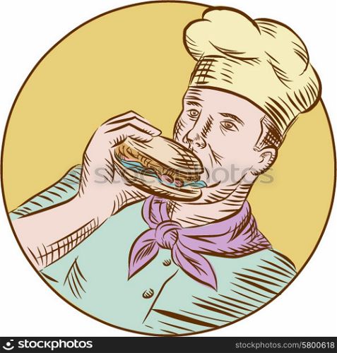 Etching engraving handmade style illustration of a chef cook baker eating burger looking to the side set inside circle. . Chef Cook Eating Burger Etching