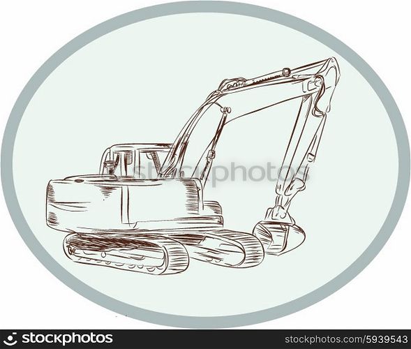 Etching engraving handmade style illustration of a construction digger mechanical excavator viewed from side set on isolated background. . Mechanical Digger Excavator Oval Etching