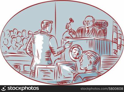 Etching engraving handmade style illustration of a courtroom scene showing a judge, a defendant, prosecutor, jury and lawyer set inside oval shape.