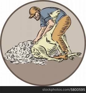 Etching engraving handmade style illustration of a farmworker, farmer, farmhand using shears shearing wool from sheep set inside circle on isolated background.
