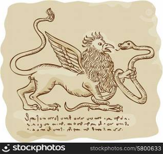 Etching engraving handmade style illustration of a griffin fighting or clutching a serpent snake viewed from side with manuscript cypher text code in the background.. Griffin Fighting Snake Side Etching