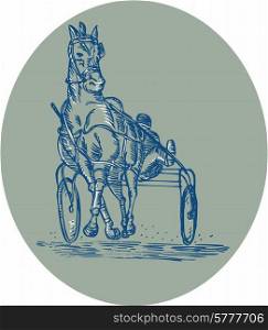 Etching engraving handmade style illustration of a horse and jockey harness racing facing front set inside oval on isolated background. . Horse and Jockey Harness Racing Etching