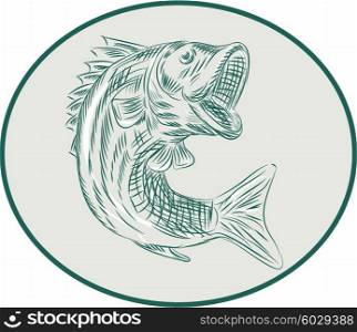 Etching engraving handmade style illustration of a largemouth bass fish viewed from the side set inside circle on isolated background.. Largemouth Bass Fish Oval Etching