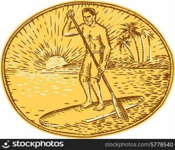 Etching engraving handmade style illustration of a man with paddle stand up paddling boarding surfing set on inside oval with sun tropical beach palm coconut trees sunburst in the background. Stand Up Paddle Boarding Surfing Etching