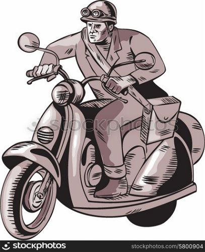 Etching engraving handmade style illustration of a messenger riding vintage scooter motor bike set on isolated white background.