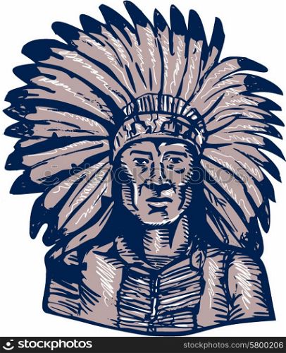 Etching engraving handmade style illustration of a native american indian chief warrior viewed from front set on isolated white background.. Native American Indian Chief Warrior Etching