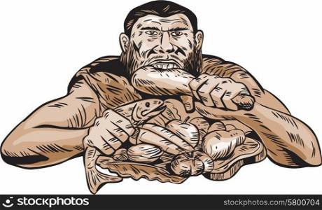Etching engraving handmade style illustration of a neaderthal man eating a paleo diet consisting of lean meats, chicken, fish, fruits and vegetables viewed from front on isolated white background.
