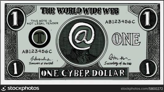 Etching engraving handmade style illustration of a play money for the world wide web or internet which shows a note of one cyber dollar.. One Cyber Dollar Etching