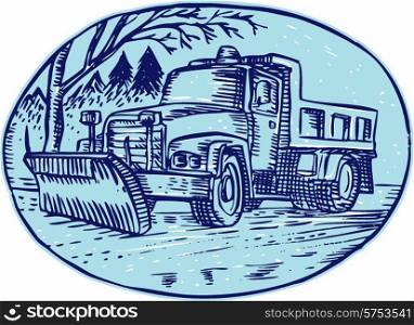 Etching engraving handmade style illustration of a snow plow truck set inside oval with pine trees in the background.