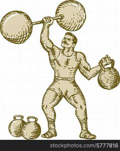 Etching engraving handmade style illustration of a strongman circus performer lifting barbell on one hand and kettlebell on the other hand set on isolated white background. . Strongman Lifting Barbell Kettlebell Etching