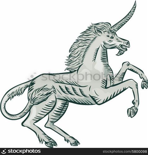 Etching engraving handmade style illustration of a unicorn horse prancing viewed from the side set on isolated white background.. Unicorn Horse Prancing Side Etching
