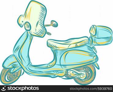 Etching engraving handmade style illustration of a vintage scooter viewed from side set on isolated white background done in retro woodcut style. . Vintage Scooter Etching